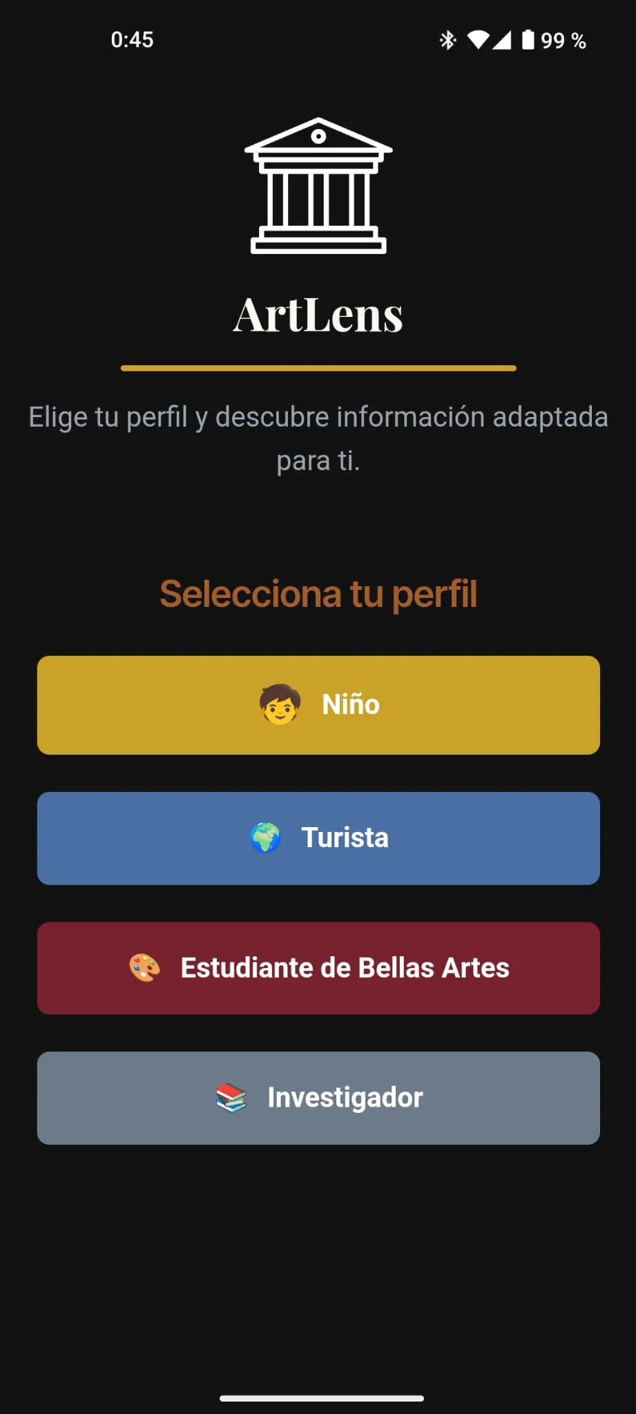 ArtLens home screen with visitor profile options for child, tourist, art student, and researcher